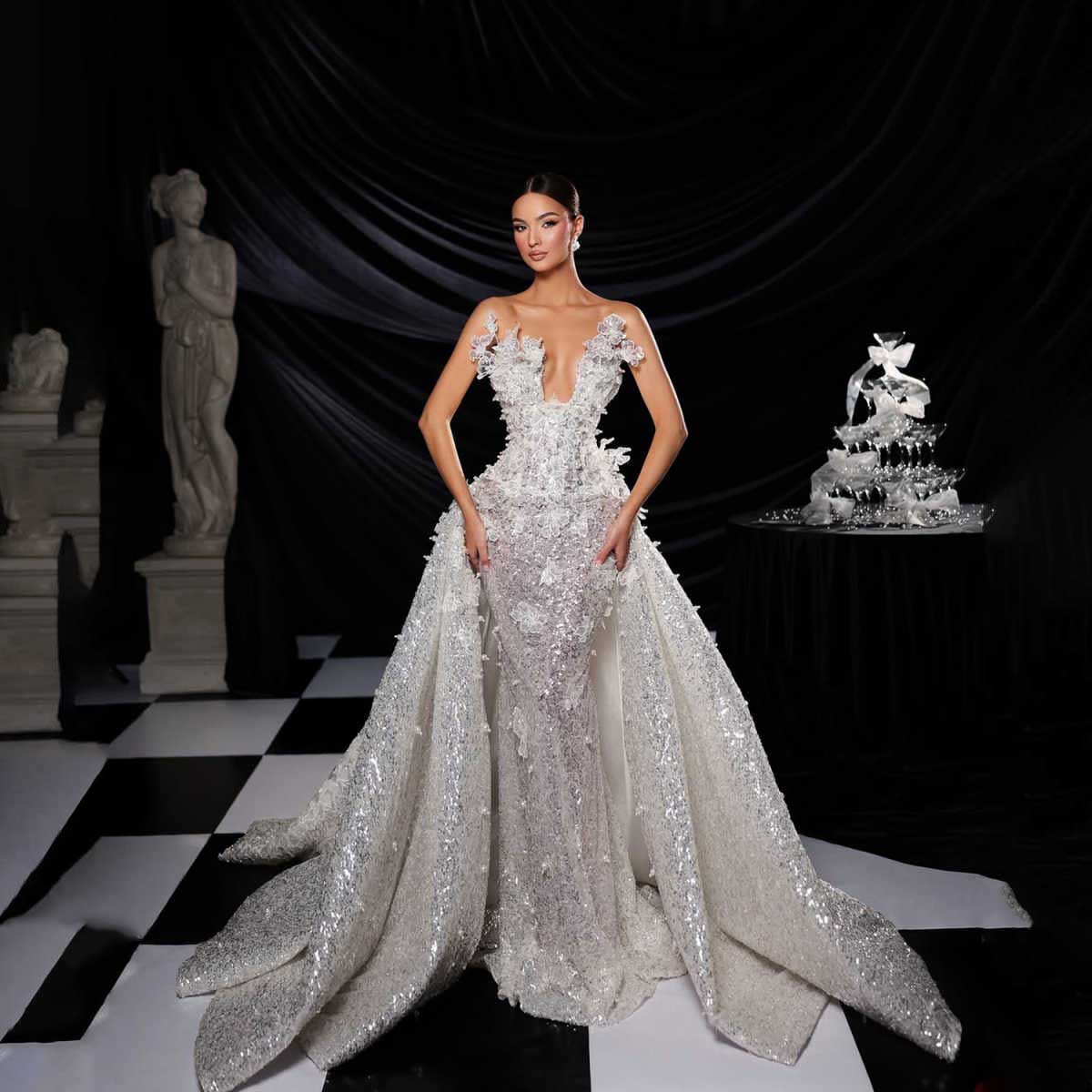 Luxury Mermaid Wedding Dresses New Ball Gown Shine Bride Dress Sequin Lace 3D-Flower Bridal Gown Robe De Vestido Size Customized Plue Size H25482