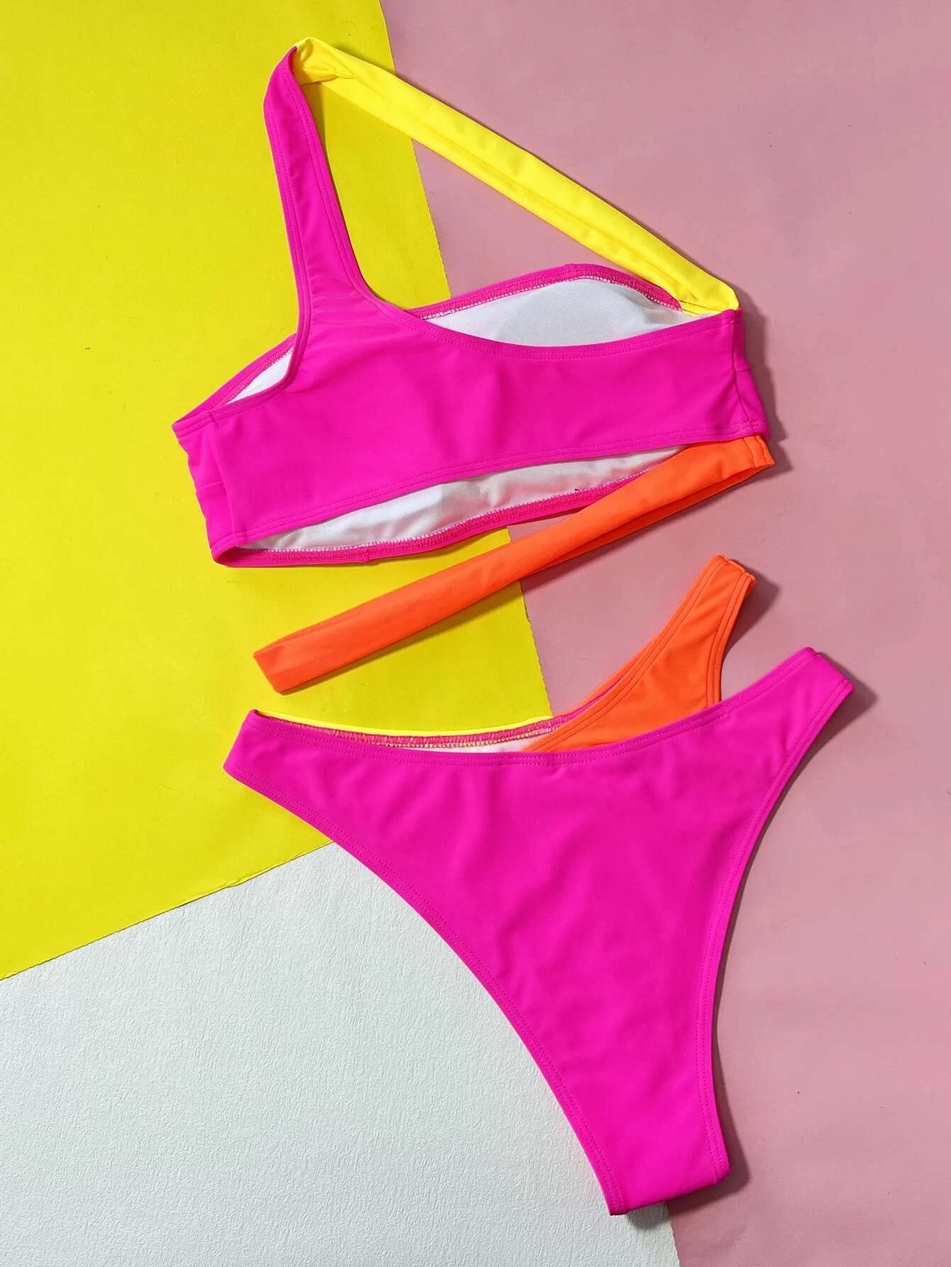 Dongdumaoyi Sexy High Waist Bikinis Sets Women Hot Pink Patchwork One Shoulder Push Up Swimsuit Hollow Out Beach Bathing Suit Swimwear