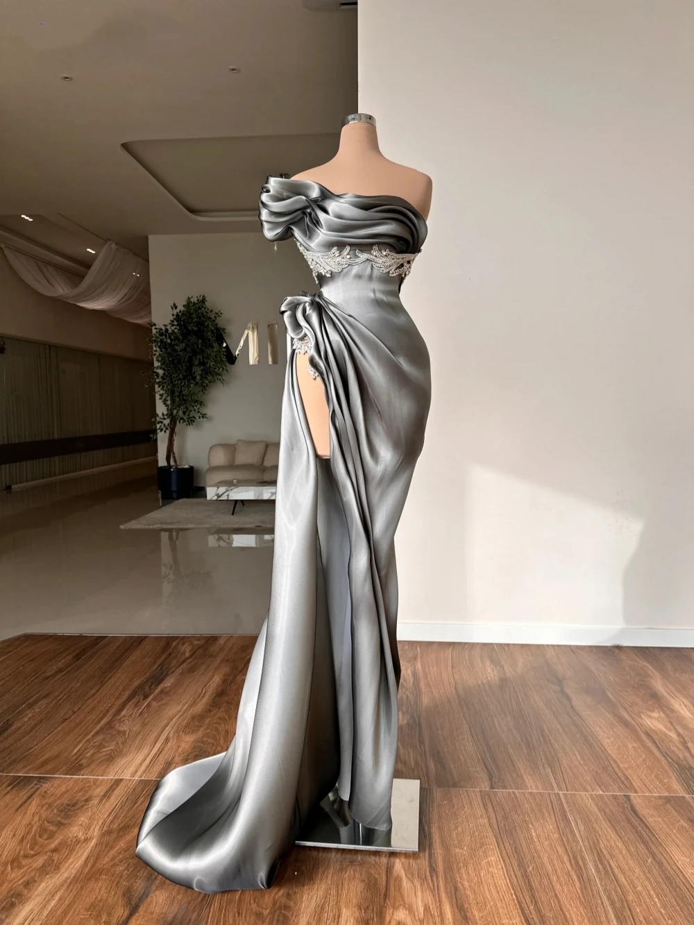 Retro Evening Dresses One Shoulder Mermaid Prom Gowns Rhinestone Beading High Split Customized Sweep Train Princess Formal Occasion Party Dress