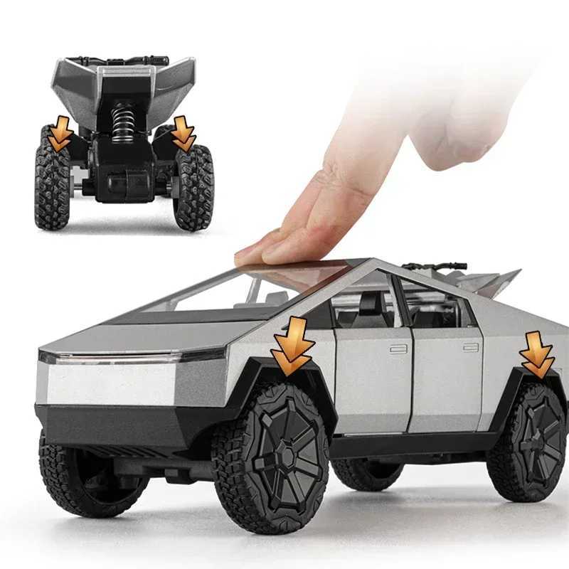 1 24 Tesla Cyber Truck Pickup Alloy Car Model Die Casting Metal Toy Off road Vehicle Model Simulating Sound and Light Childrens GiftXJ250407