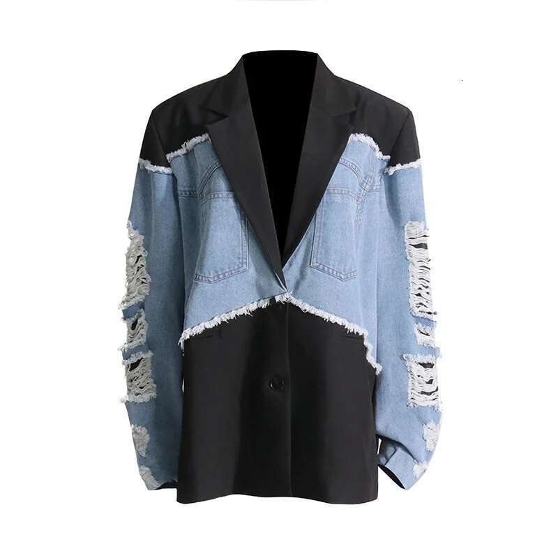 Women Denim Jeans Coats Suit Holes Loose Long Sleeves Y2k Streetwear Coat Color Blocking Jacket 2025 Spring Jackets Vintage
