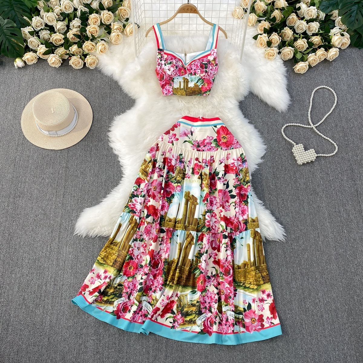 Two Piece Dress Summer Boho Beach Holiday Two Piece Set Women Skirt Suit Sexy Strapless Crop Top And High Waist Pleated Long Skirt Outfits 230801