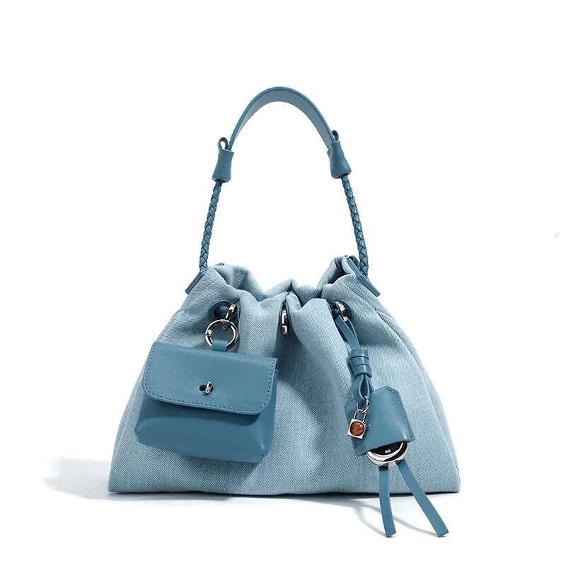 New Denim Handbag With Small Genuine Leather Niche Brand Drawstring Design High-End Fashion Simple Shoulder Messenger Bag
