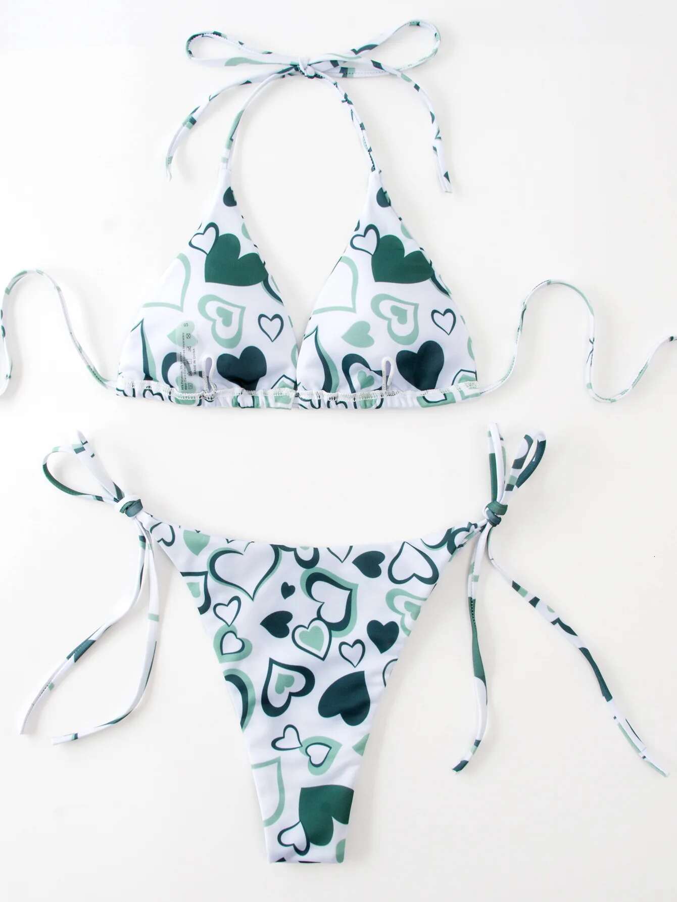 Dongdumaoyi Sexy Green Heart Print Bikini Set Women Halter Push Up Bra Bandage Thong Swimsuit Beach Bathing Suit Tanga Swimwear Biquini