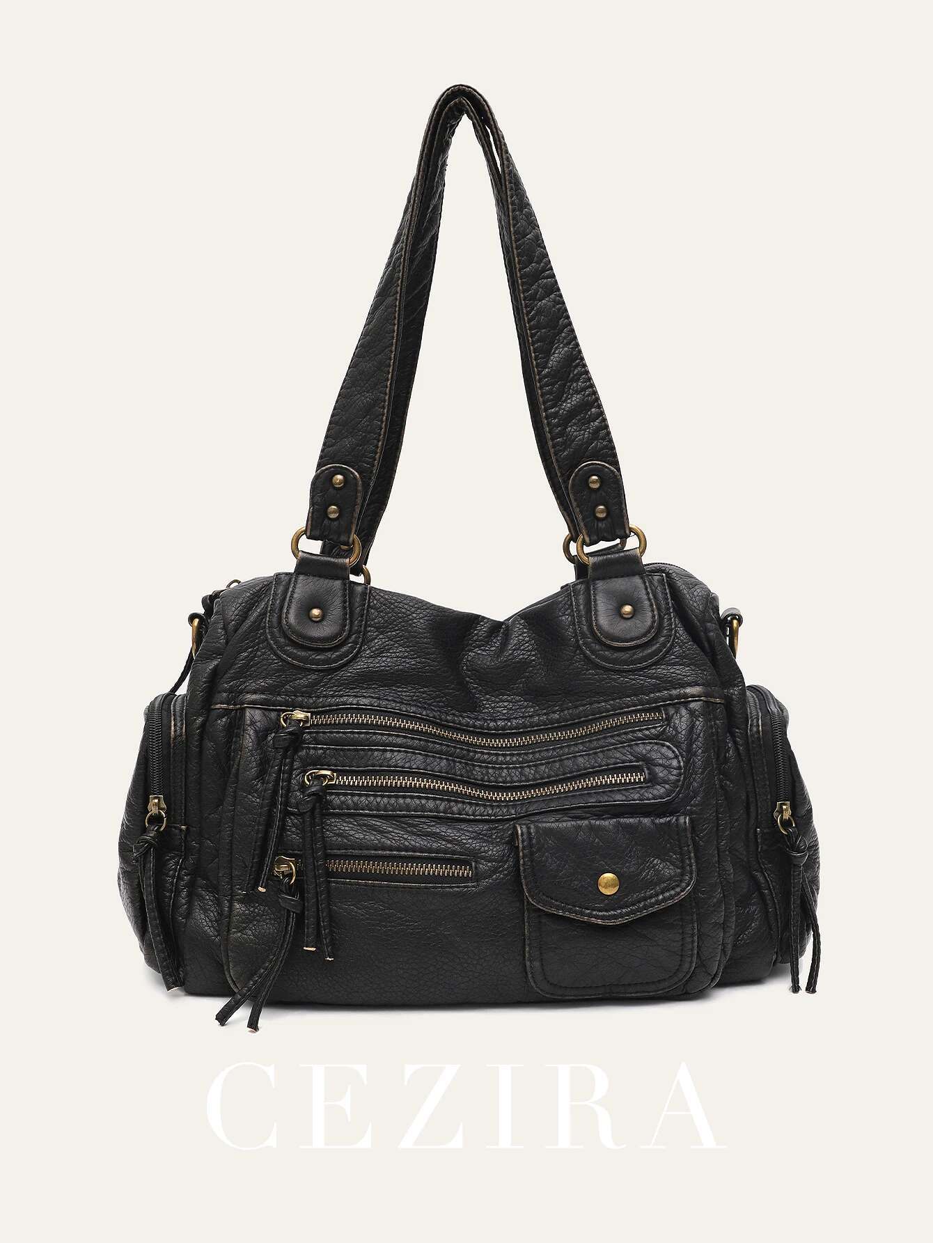Vintage Women Unisex Brush-Off Color Washed PU Vegan Leather Zip Pockets Shoulder Cross Body Bag Large Retro Casual Daily Travel