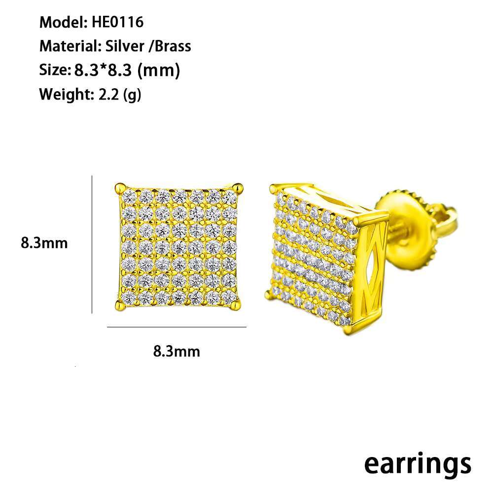 Wholesale Hip Hop 18K Gold Plated Iced Out Cubic Zirconia 925 Sterling Silver Screw Back Square Stud Earrings for Men Women