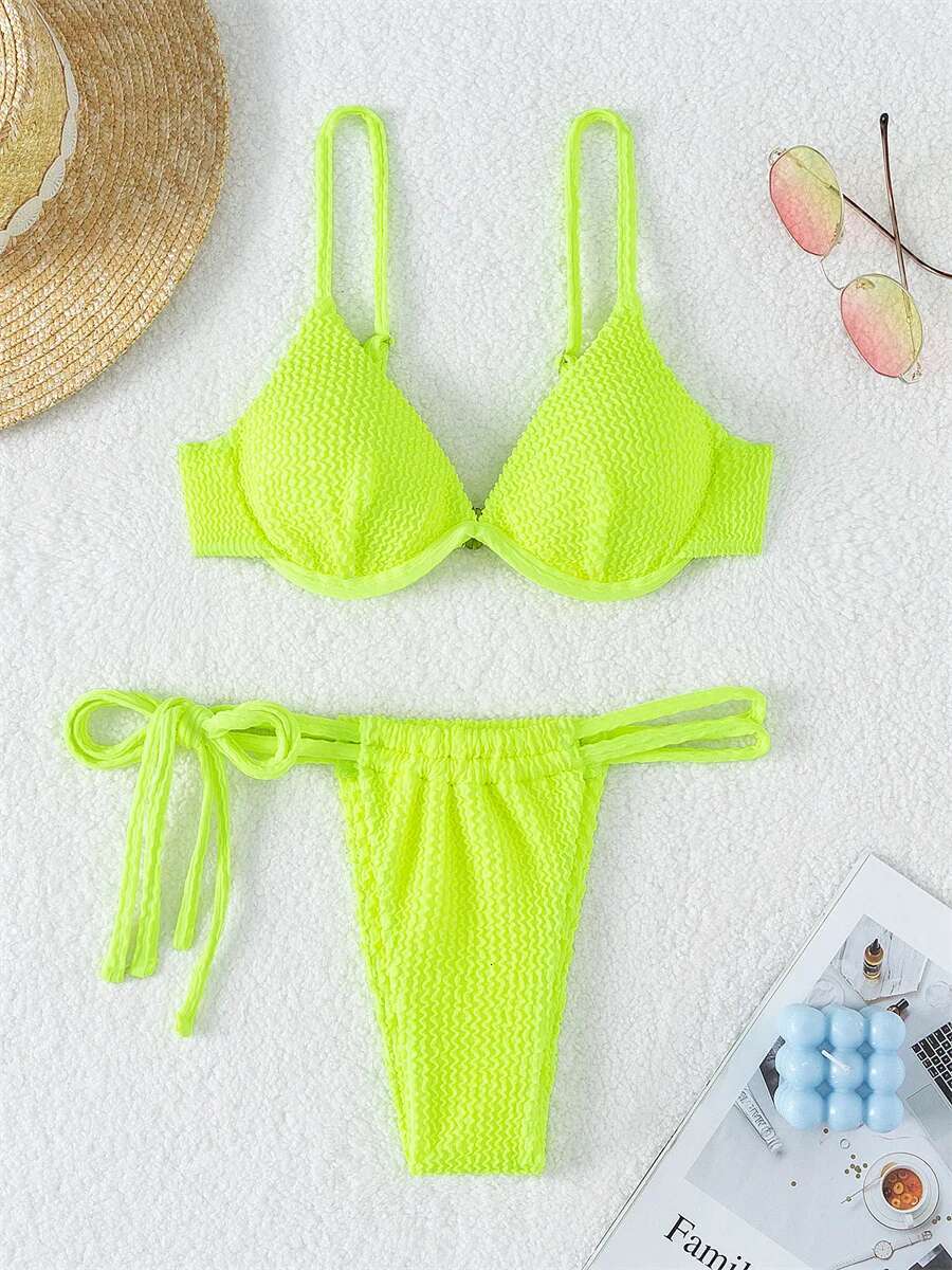 Dongdumaoyi Sexy Brown Bikini Women Push Up Underwire Ribbed Micro Swimwear Brazilian Cut Out Bathing Suit Tie Side Thong Swimsuit