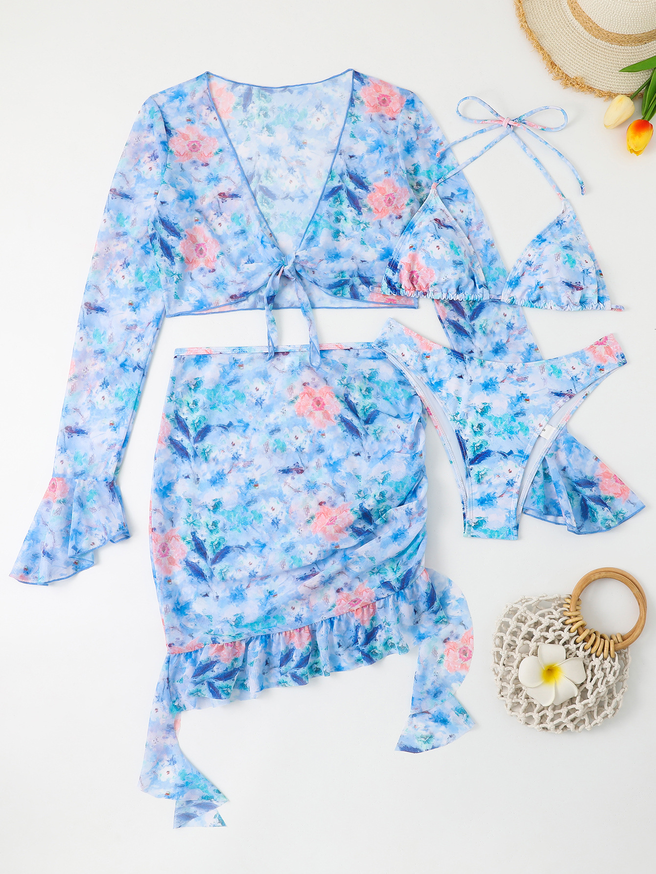 New women's four piece bikini digital printed long sleeved sunscreen beach vacation swimsuit