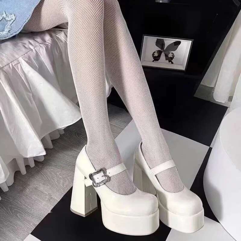 Super High New Round Head Shallow Mouth Metal Buckle Thick Heel Waterproof Platform Mary Jane Women's Shoes