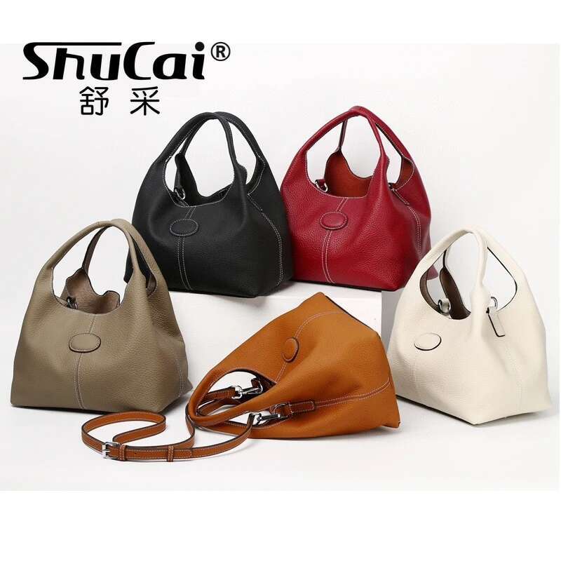 Genuine Leather Women's Cowhide Bucket Bag Vegetable Basket Shoulder Niche Design Underarm Crossbody Bags For Women