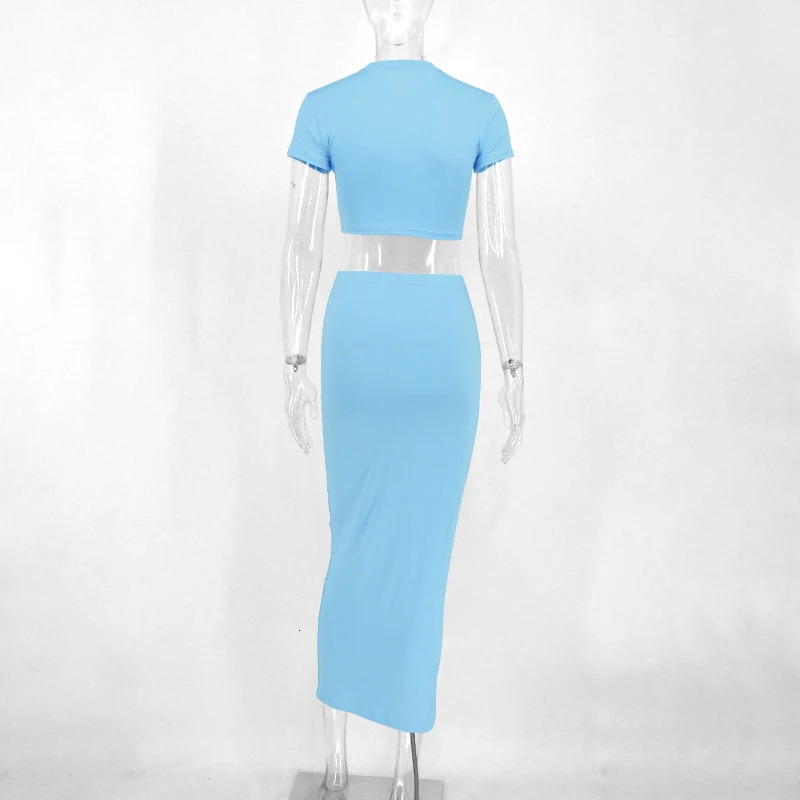 Sexy Tshirt Skirt Two Piece Set Womens Short Sleeve ONeck Crop Top High Waist Solid Fashion Street Clothing Partywear 250313