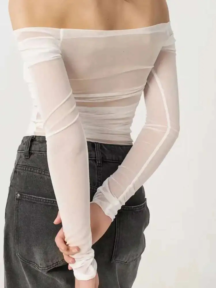 Fantoye sexy see through mesh womens Tshirt white long sleeved shoulder pleated summer ultrathin casual outdoor street clothing 250407