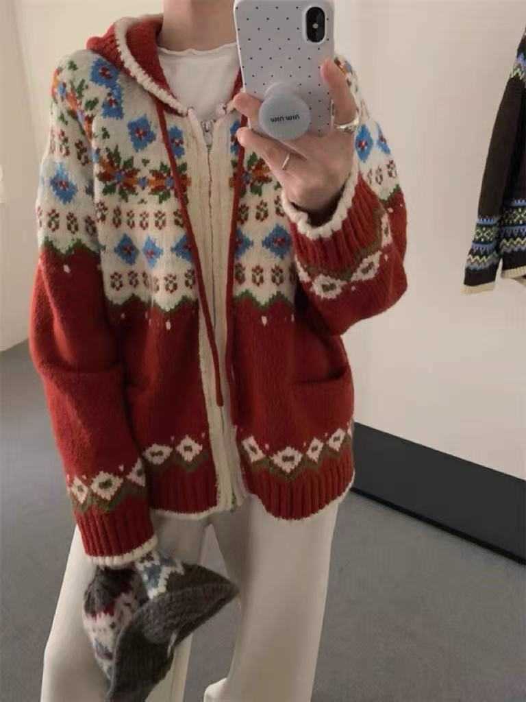 Autumn Winter Red THiCK Sweater Coat Women Christmas Fair Isle Jacquard Hooded Knitted Cardigan Warm W251107