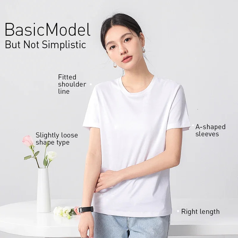 High end 10% silk and commodity cotton womens Tshirt luxurious threeway short sleeved feel summer wear top VO collar 250407