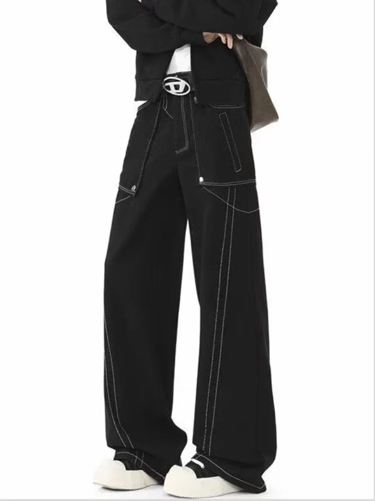 Ropa Y2K Fashion Black Casual Bag Jeans Mens Clothing Straight Wide Legs Long Trousers Pantalon Homme 250403