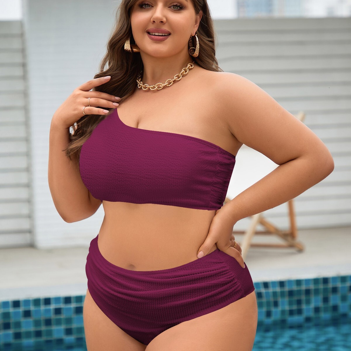 Large size split triangle bikini women's single shoulder solid color conservative fat woman swimsuit women