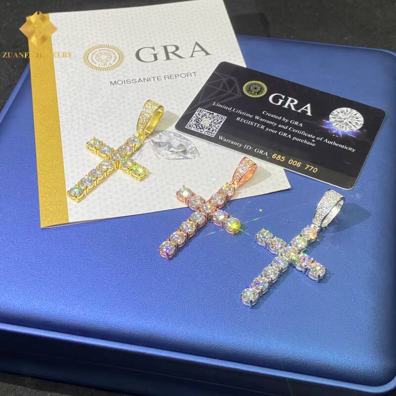 Ice Out Round Brilliant Cut VVS Moissanite Pendant Cross Pendant HipHop 925 Sterling Silver Pendant Pass Diamond Tester with GRA