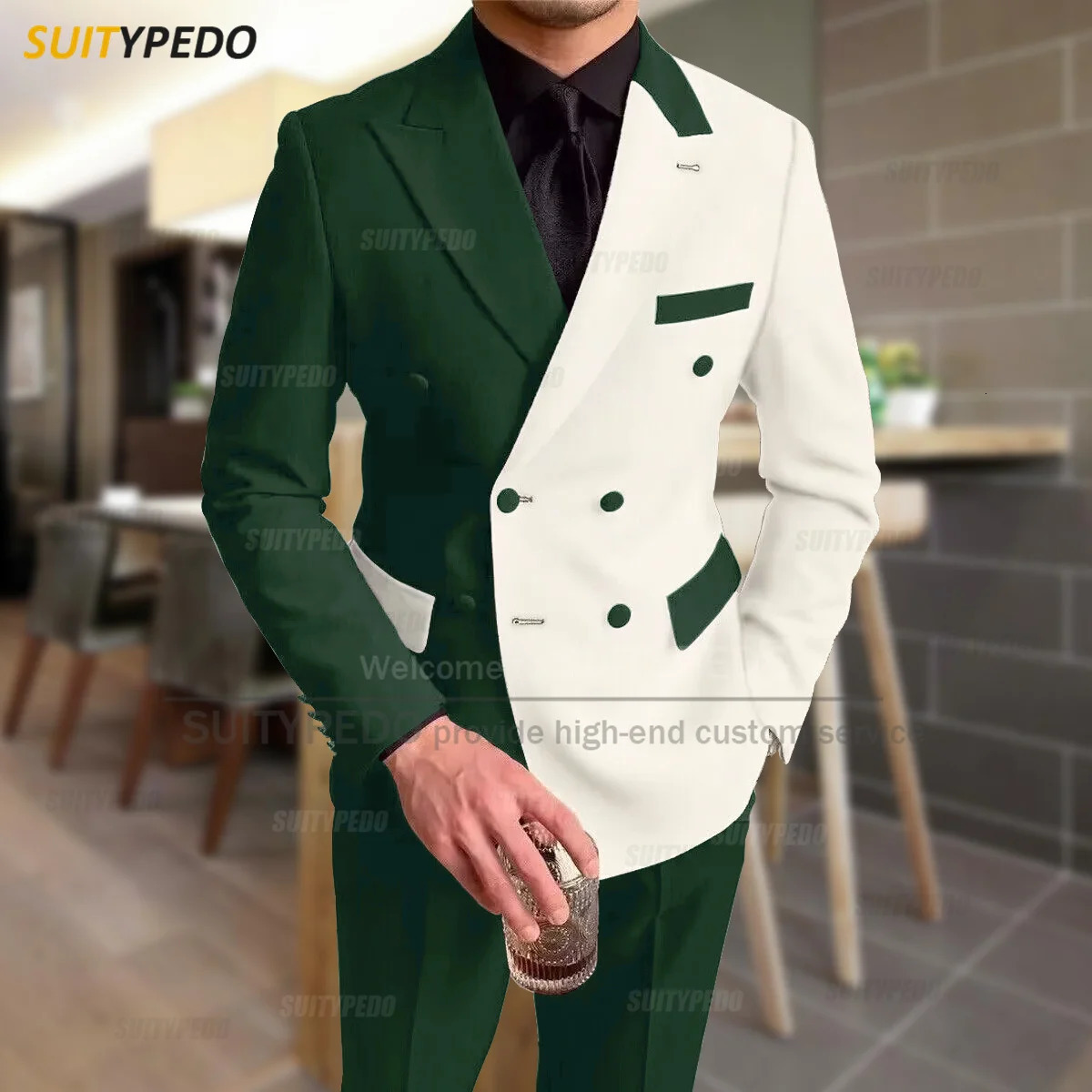 Fashionable black ivory patchwork mens casual party classic double chest jacket evening dinner elegant jacket set 250402