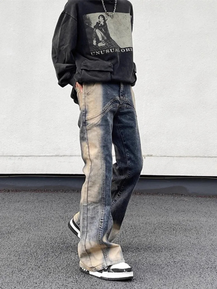 Cyber Y2K Streetwear Tie Dye Patch Work Bag Flash Jeans Mens Retro Blue Old Denim Trouser Ropa Hombre 250403