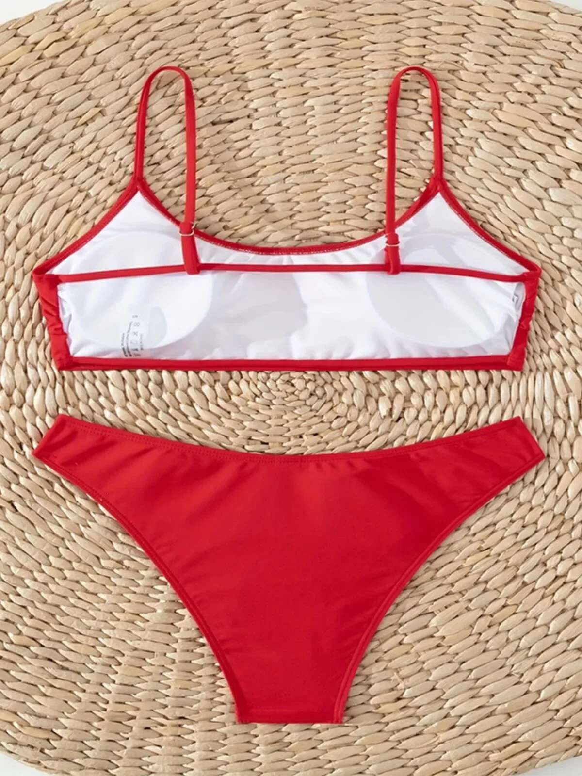 Dongdumaoyi Solid Color Red Two Piece Swimsuit For Women Sexy U Neck Suspender Backless Bikini Set High Waist Beach Swimwear Bathing Suit