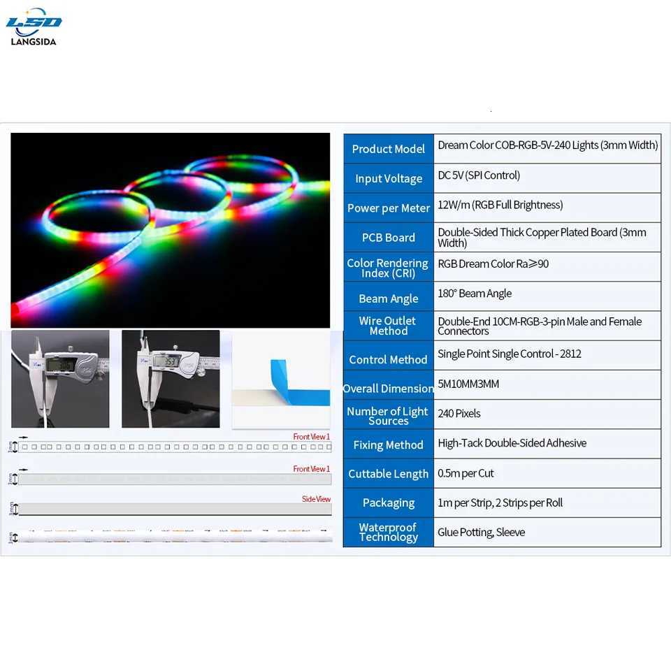 WS2812 3mm 240LED Bluetooth Smart RGB COB Strip Controller APP Control 720LEDs/m Sound-Activated Music Modes Running 5V COB 240D W251107