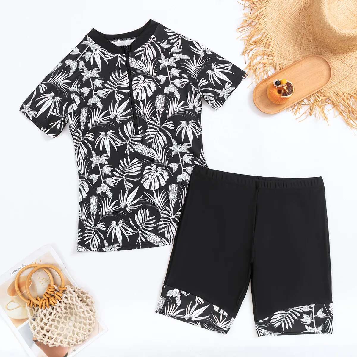 Dongdumaoyi Rash Guard Women Swimsuit Black Leaves Print Front Zipper Long Sleeve Swimwear Surf Sunscreen Beach Bathing Suit Tankini