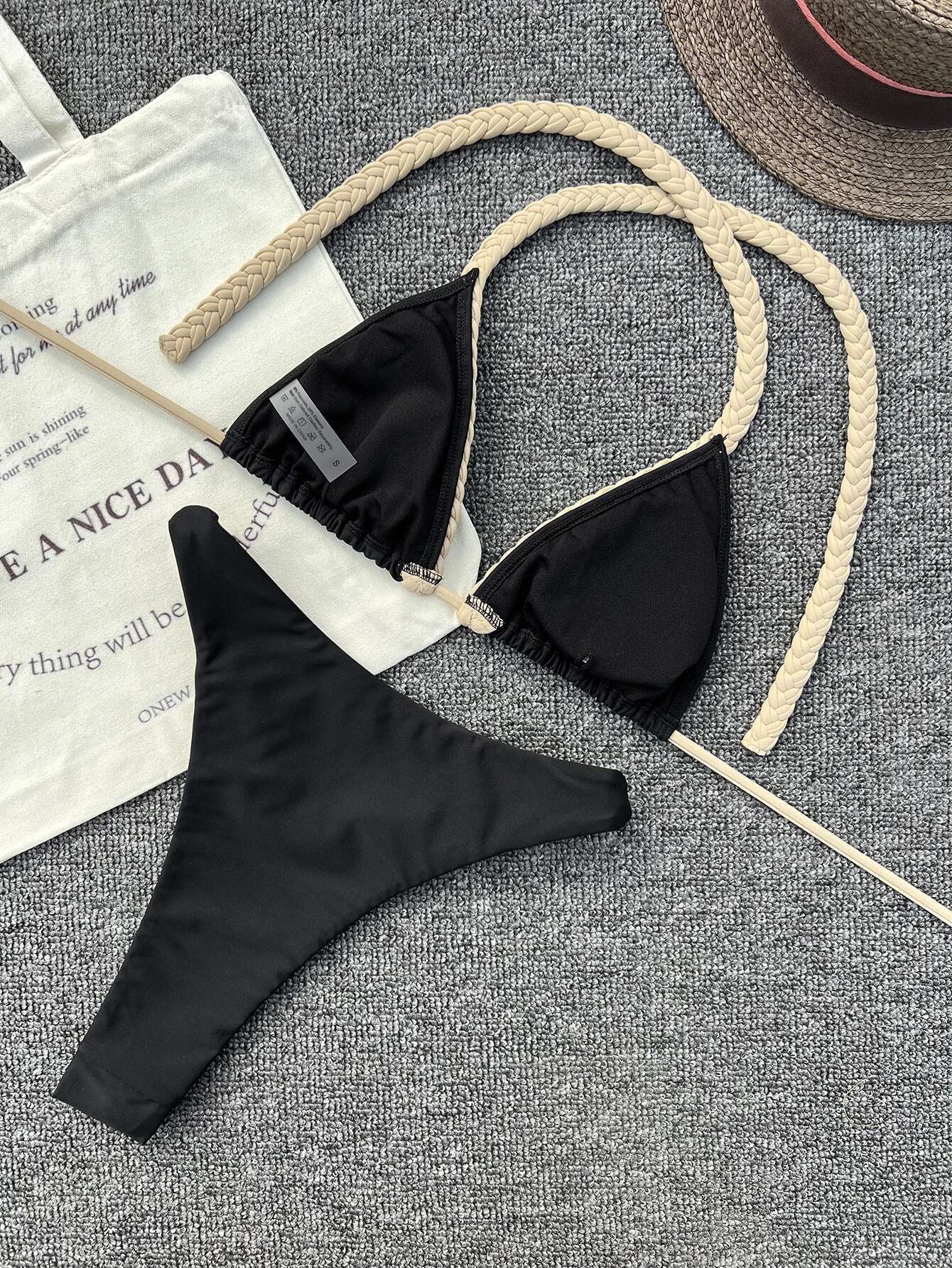 Dongdumaoyi Sexy Black Patchwork Bikini Set Women Braiding Rope Strap Push Up Bra Thong Swimwear Summer Bathing Suit Holiday Swimsuit
