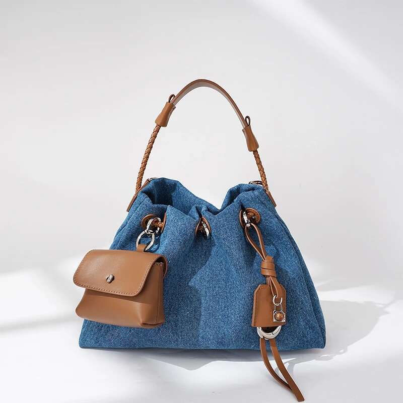 New Denim Handbag With Small Genuine Leather Niche Brand Drawstring Design High-End Fashion Simple Shoulder Messenger Bag