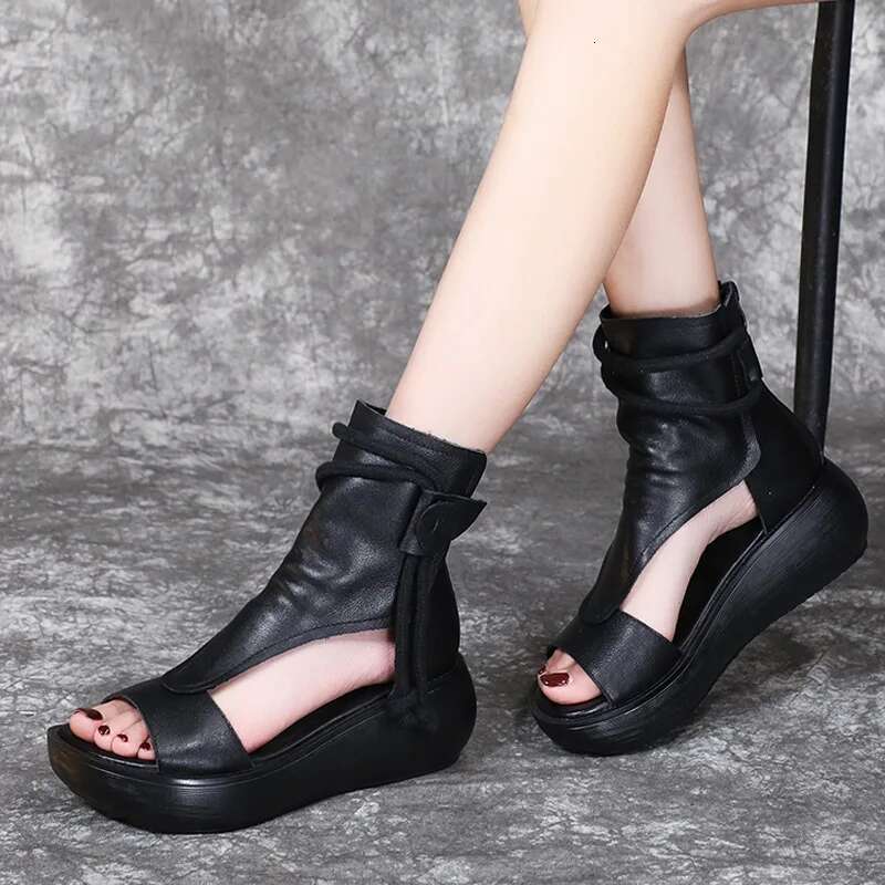 Retro Sandals Fashion Leather Boots Breathable Platform Designer Mid Heels Women Wedges Shoes Sandalias Mujer