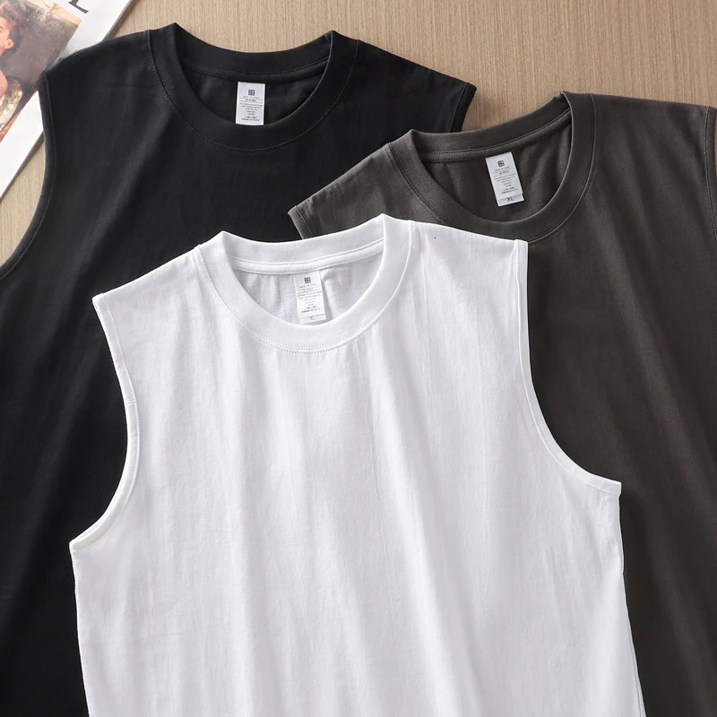2 pieces of solid color cotton vest mens white O-neck loose sleeveless T-shirt basic style full set sports running vest 250403