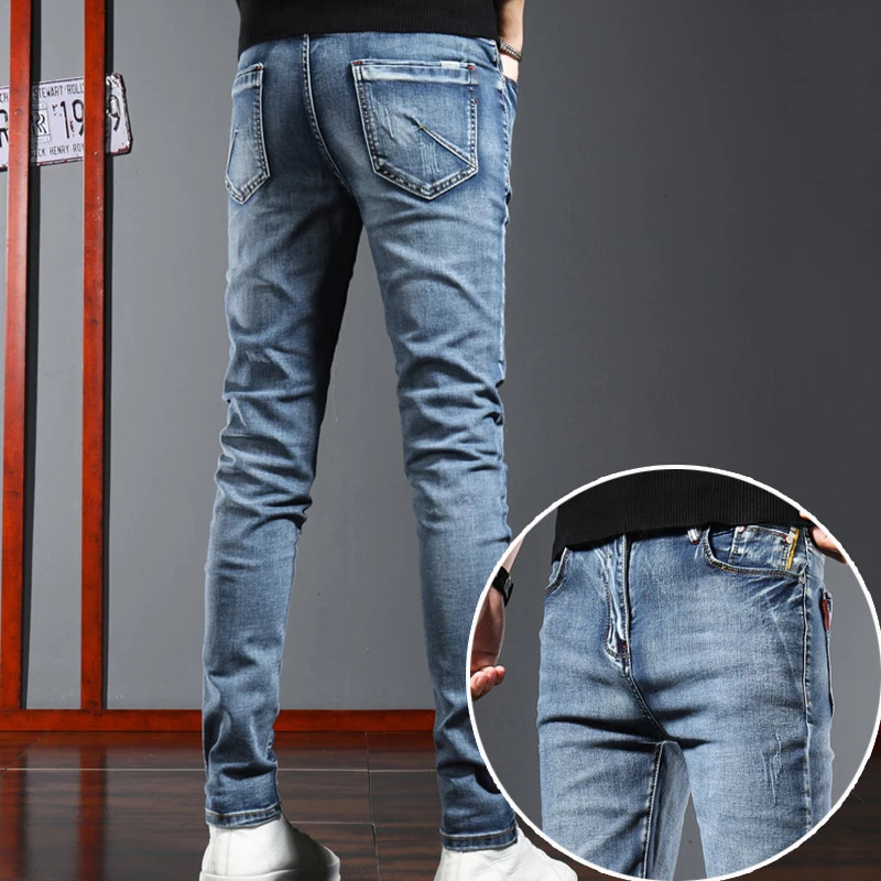 Korean denim jeans ultrathin fashionable and casual elastic mens pants small feet highquality 250401