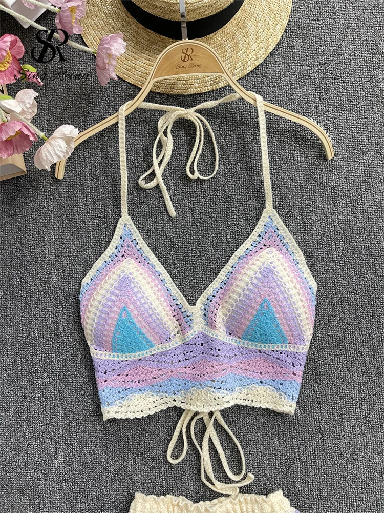 SINGREENY striped beach twopiece set for women strapless back mini Camiswing leg shorts fashionable Korean Bohemian vacation 250313