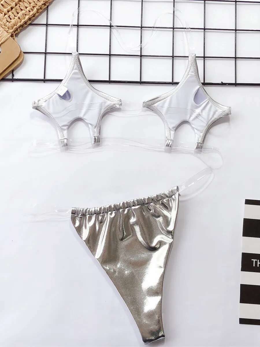 Dongdumaoyi Micro Bikini Women Clear Strap Push Up Bra Neon Yellow Gold Transparent Swimsuit Triangle Bather Thong Swimwear Biquini