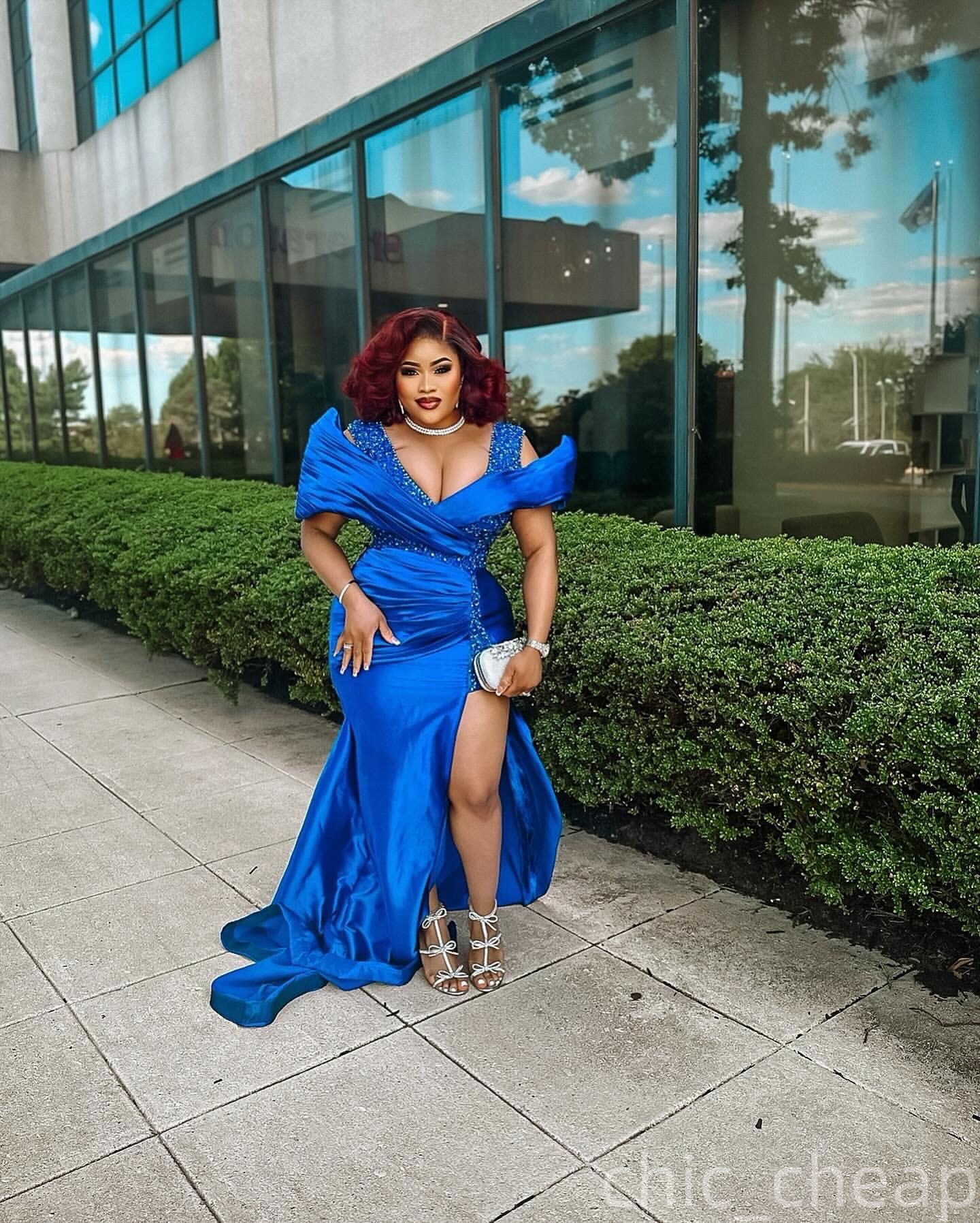 Aso Ebi Royal Blue Mermaid Prom Dresses 2026 Deep V-neck High Split Evening Formal Party Second Birthday Engagement Gowns Plus Size Dress For Special 