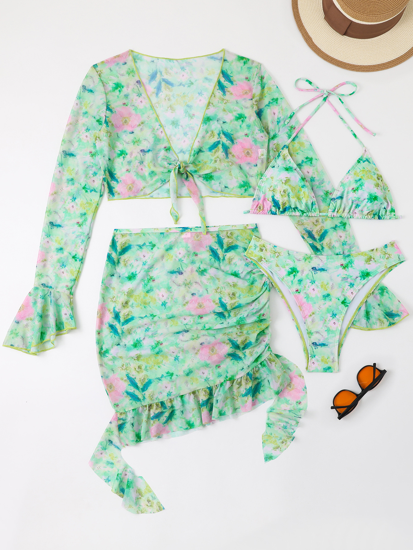 New women's four piece bikini digital printed long sleeved sunscreen beach vacation swimsuit