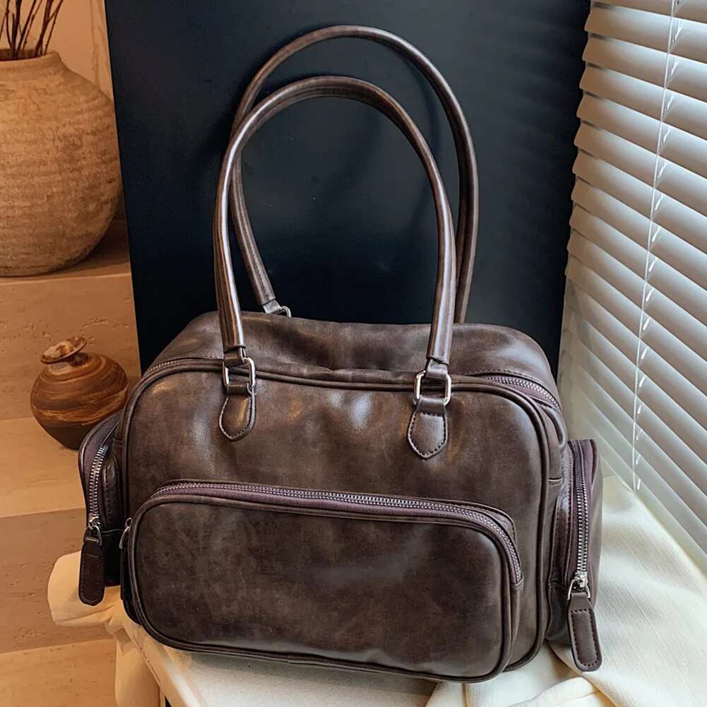 2024 New Large Capacity Travel Handbag Women's Solid Shoulder Bag Multi-Pockets Tote PU Leather Underarm Commuter Bags
