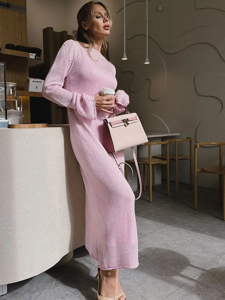 Spring and Autumn Oneck Elastic Knitted Long Dress for Women Elegant Unique Soft Womens Hollow Sweater Style 250407