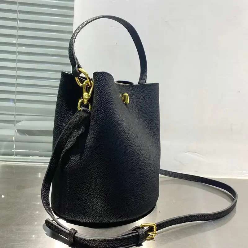 Retro Coffee Solid Color Bucket Tote 100% Genuine Women Shoulder With Wide Straps T Cow Leather Crossbody Bag