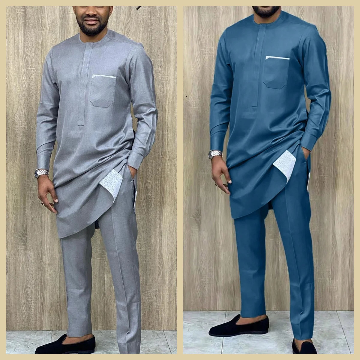 Embroidered Mens Temos Wedding trousers shirt two-piece suit dress Solid color long sleeve party African ethnic style 250407