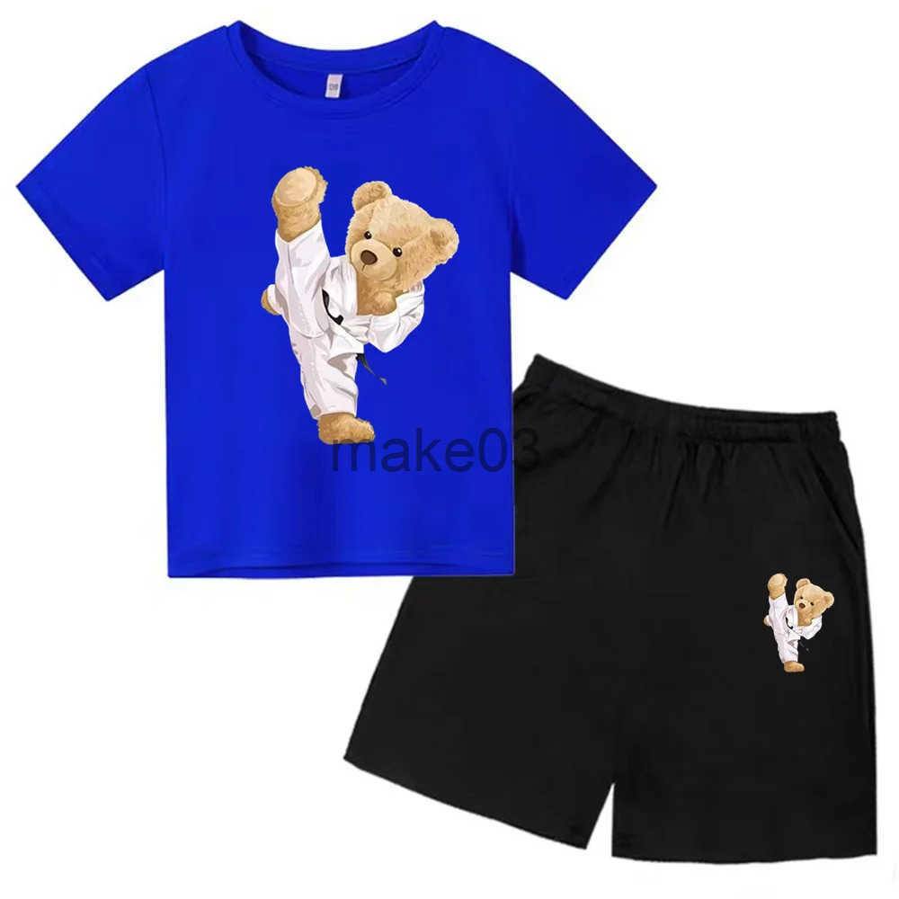 Kung Fu Bear T-Shirt set Boys Girls Short Sleeve Suitable for Kids Tops+shorts Clothleisure fashion Tshirt Childrens J250403