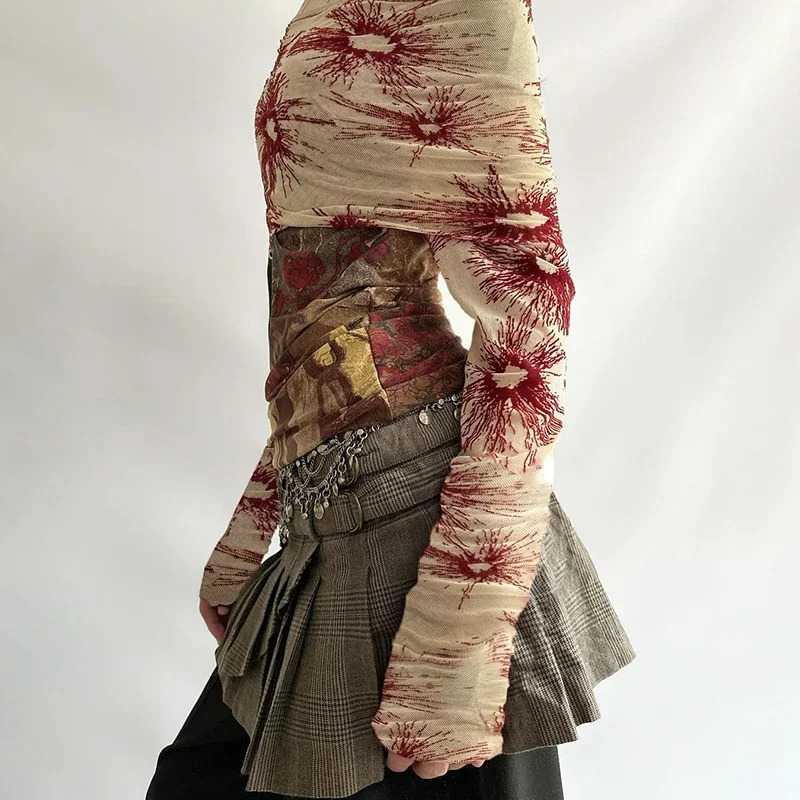 Retro Y2K aesthetic floral print slanted neck long sleeved Tshirt with mesh see through cut top for womens retro fashion 250407