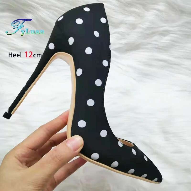 Silk High Heels 8Cm 10Cm 12Cm Stiletto Polka Dot Shallow Mouth Women Shoes Fashion Pointed Toe Party Pumps Female Large Size 43