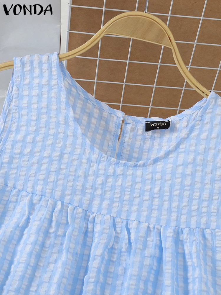 VONDA Womens Tank Top Sleeveless Plain Shirt Ruffle Camispo Bohemian Casual Oneck Tshirt Summer Oversized 250407