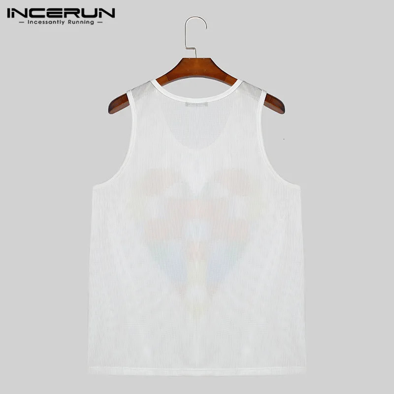 Fashionable fit top INCERUN mens colorful heart-shaped vest interesting hollow mesh sleeveless vest S-5XL 250403