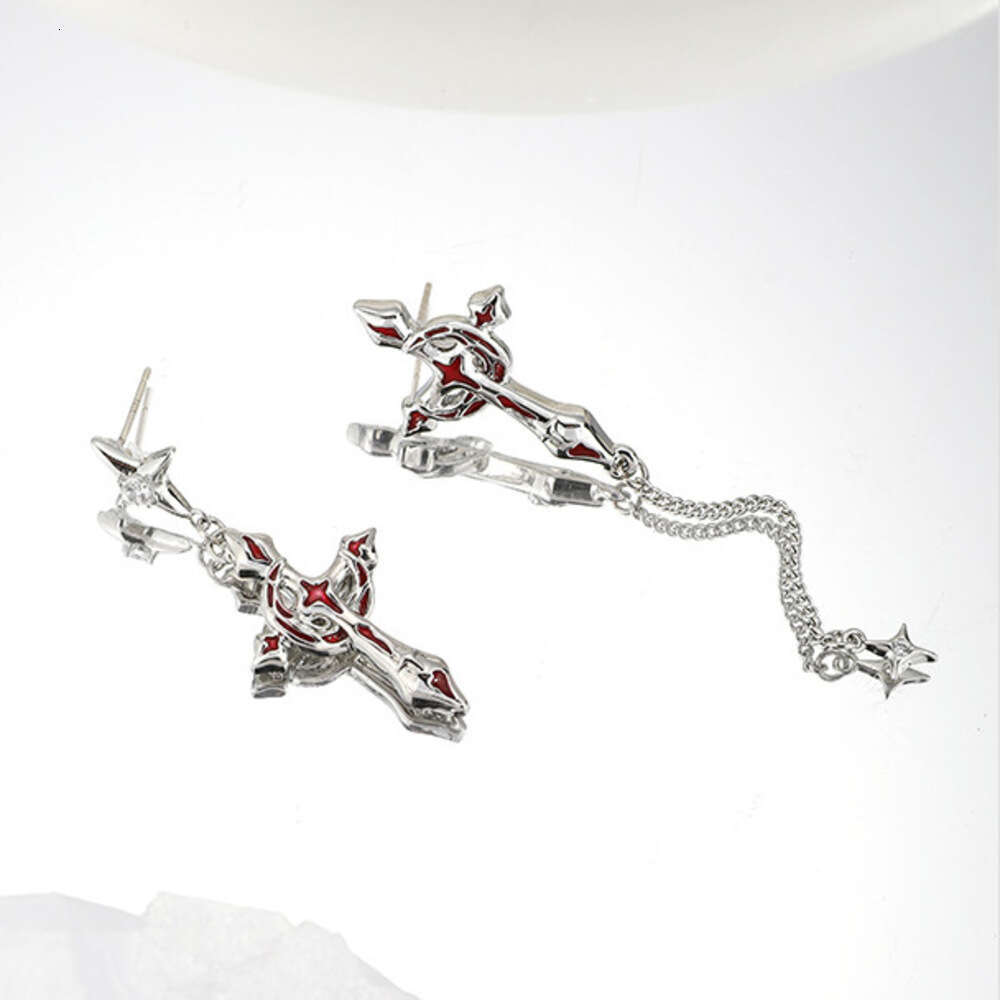 DHcollections Original Design Asymmetric Blood Moon Cross Earrings for Women, Niche High-End Unique Dark Style 925 Silver Needle Ear Jewelry - view 5