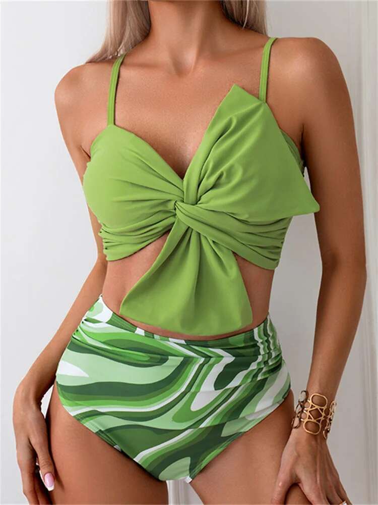 Dongdumaoyi Vintage Orange Front Bow Bikini Set Women Sexy Pleate Push Up Leaves Print High Waist Swimsuit Beach Bathing Suit Swimwear