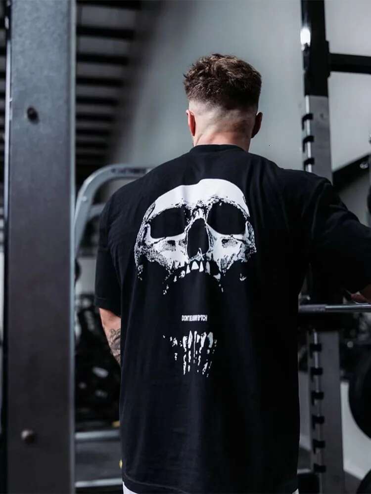 New Gym Fiess T-Shirt Loose Oversized Cotton Men Short Sleeves Bodybuilding Sports Tees Summer Training Workout Jogging Tops