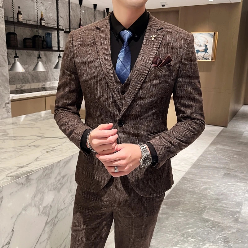 High quality mens suitvestmens British fashion ultra-thin handsome trend integrated banquet three piece set flame 250402