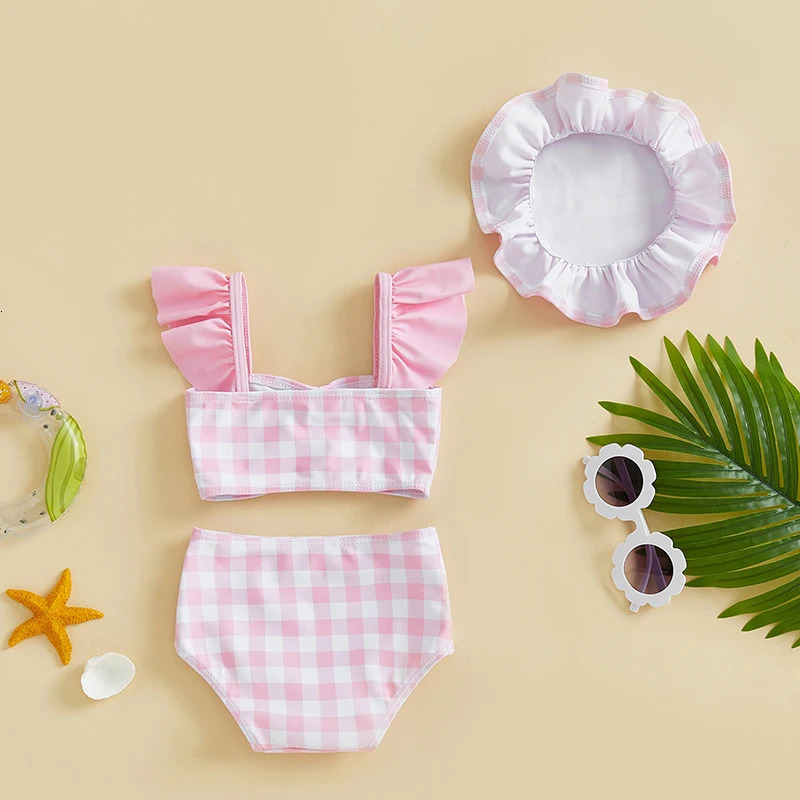 0-36months Toddler Girl Bikini Set Swimsuit Plaid Print Flutter Sleeves Tank Tops with Shorts and Hat Bathing Suit 250407