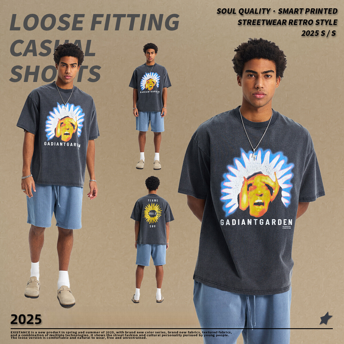 2025 Spring/Summer New Product: Washed and Used High Street Trendy Brand Men's White Ink Digital Direct Spray Printed Short Sleeve T-shirt for Me
